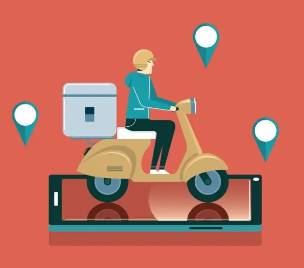 Vector illustration of Fast delivery package by scooter on mobile phone