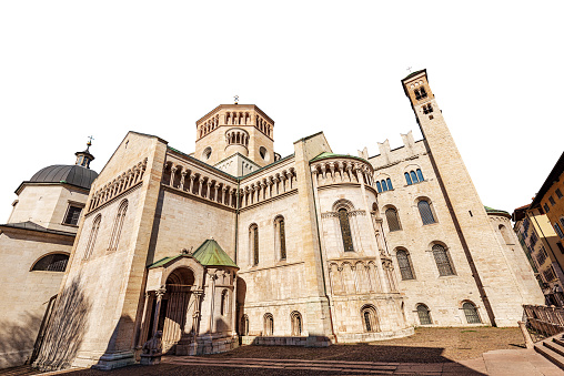 Trento. Medieval Cathedral of San Vigilio (Duomo di Trento, 1212-1321), Romanesque and Gothic style, isolated on white background. Trentino-Alto Adige, Italy, Europe.