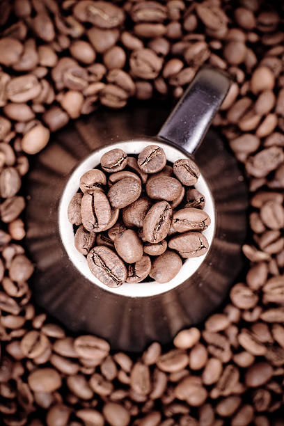 Coffee beans on a cup stock photo