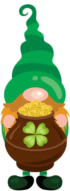 Vector illustration of St Patricks Day gnome holding a pot full of gold coins