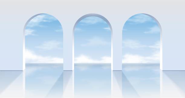 ilustraciones, imágenes clip art, dibujos animados e iconos de stock de arcos blancos vectoriales realistas con una vista sobre el cielo azul. - arco característica arquitectónica