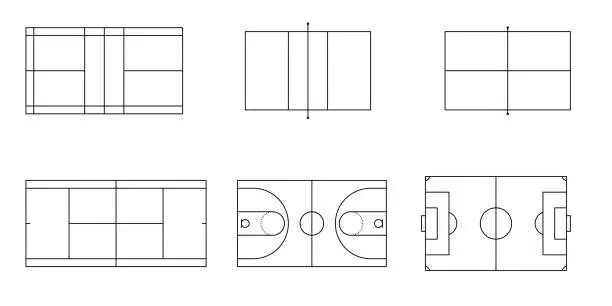 Vector illustration of thin line Sport court set isolated on white background.soccer, tennis,table tennis, badminton,basket,ping pong,wiff waff, football court vector