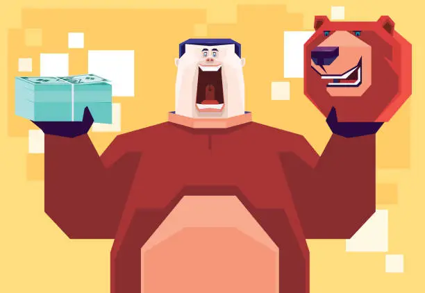 Vector illustration of man holding stack of banknotes and cheering in bear costume