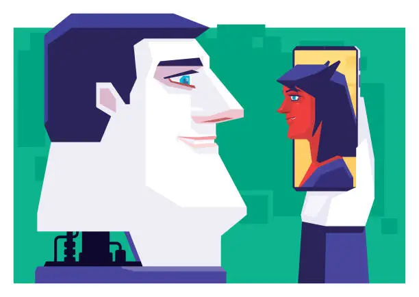 Vector illustration of robot man meeting evil woman on smartphone