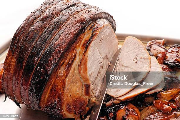 Roast Pork With Apples And Onion Stock Photo - Download Image Now - Roast Pork, Carving - Craft Activity, Carving Food