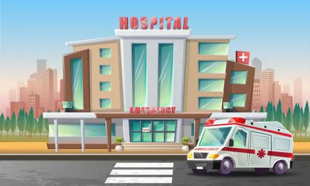 Vector illustration of Vector cartoon style illustration of hospital building with ambulance car in front of it with behind city view.