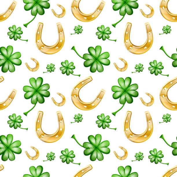 ilustrações de stock, clip art, desenhos animados e ícones de seamless patter of good luck, with horseshoe and clever leaves. - horseshoe gold luck success