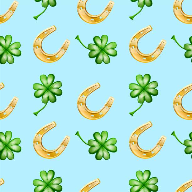 ilustrações de stock, clip art, desenhos animados e ícones de seamless patter of good luck, with horseshoe and clever leaves on azure background. - horseshoe gold luck success