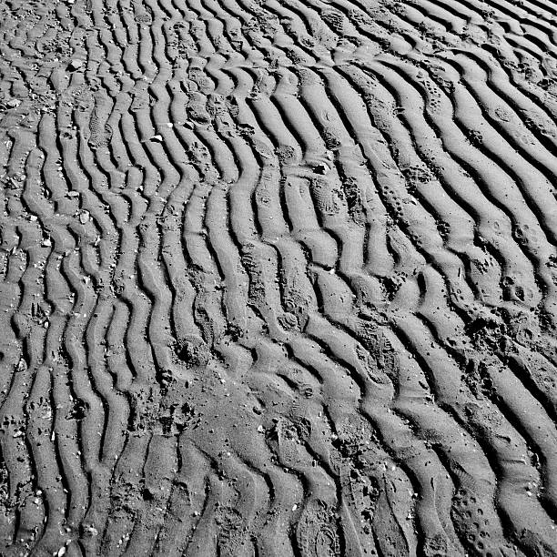 Gray sand dunes and footprints stock photo