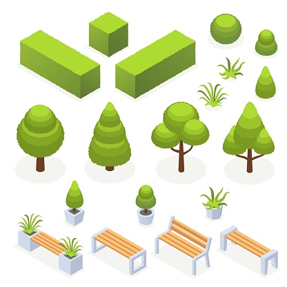 Isometric park landscape elements. 3d city outdoor objects. Eco modern streen bench with trees bushes flower bed. Vector illustration. Isometric illustration.