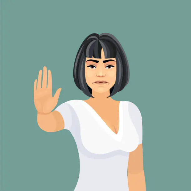 Vector illustration of Serious young woman showing stop gesture.