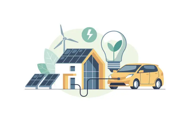 Vector illustration of Environmental care and use clean green energy from renewable sources concept. Vector illustration.