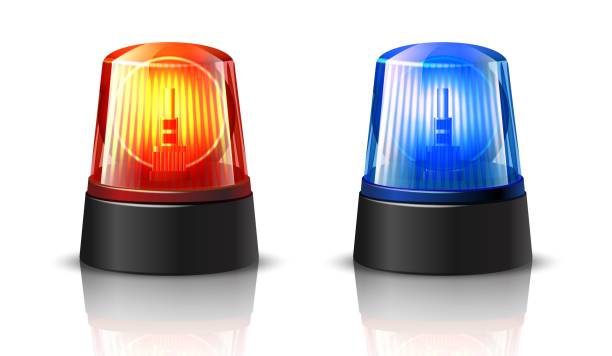 istock realistic vector red and blue police car top light glowing on white background. 1469128312