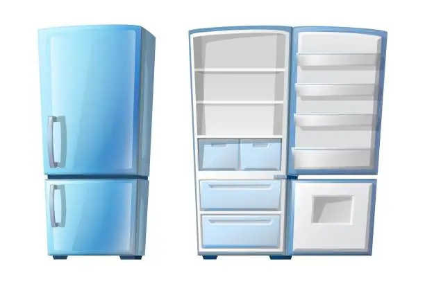 Vector illustration of cartoon style closed and open refrigerator with shelves. Isolated on white background.