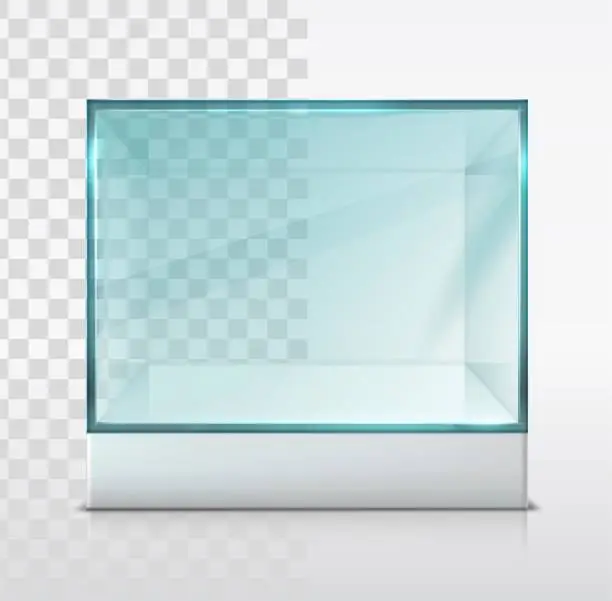 Vector illustration of Vector realistic glass box, cube for presentation on white stand. Isolated, transparent and white background.