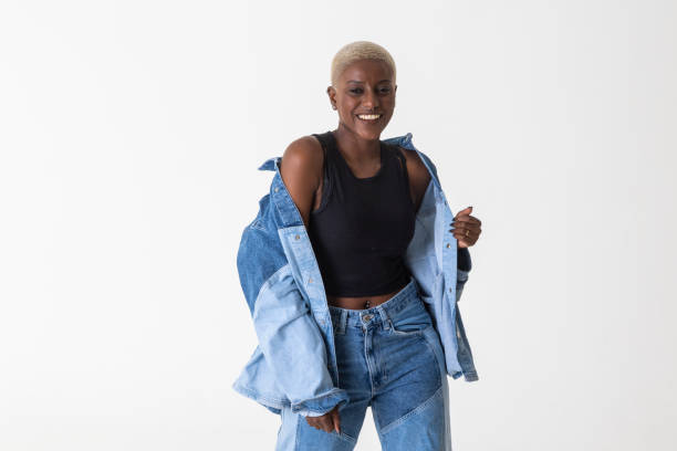 istock Smiling black woman posing in photo studio 1469130293