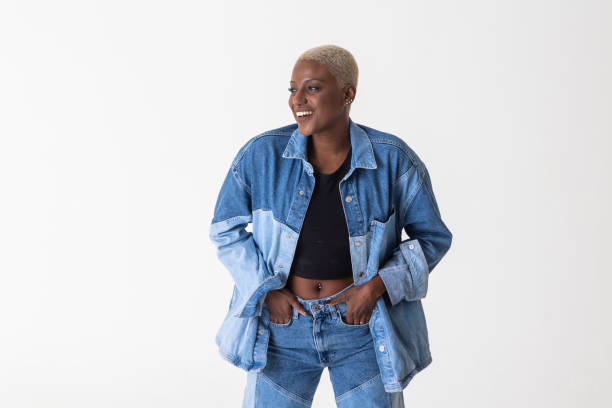 istock Smiling black woman posing in photo studio 1469130299