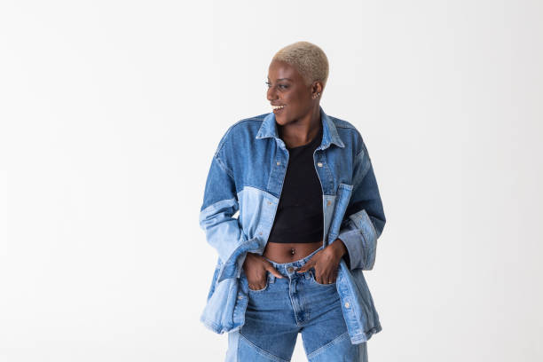istock Smiling black woman posing in photo studio 1469130302