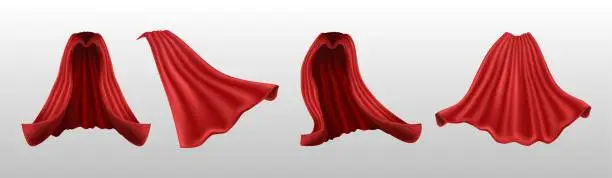 Vector illustration of realistic vector red cape front and side view and back, isolated on white background.