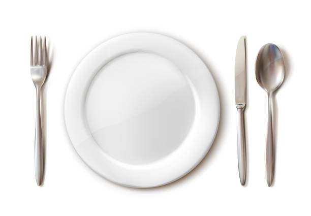 白い版、フォーク、スプーンおよびナイフの現実的なカトラリーセット。白い背景に隔離されています。 - spoon fork table knife place setting点のイラスト素材／クリップアート素材／マンガ素材／アイコン素材