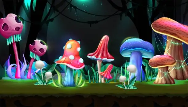 Vector illustration of cartoon style magic forest with mushrooms in glowing the night.
