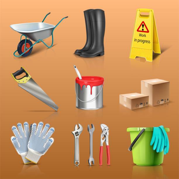 realistic vector icon set of construction works. Boots, paint bucket, gloves, boxes. 3d realistic vector icon set of construction works. Boots, paint bucket, gloves, boxes. white background level hand tool white stock illustrations