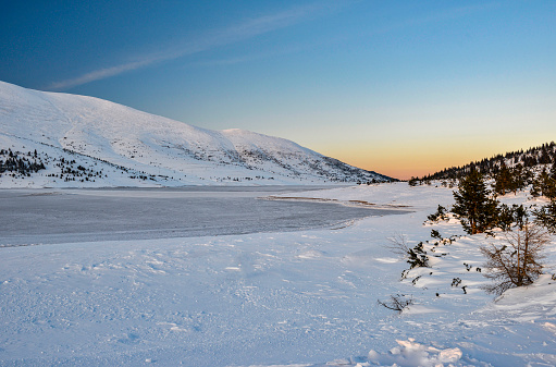 Belmeken Dam wintertime at sunset. Bulgaria, Europe.