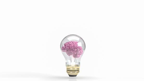 pink brain in light bulb for creative or business concept 3d rendering