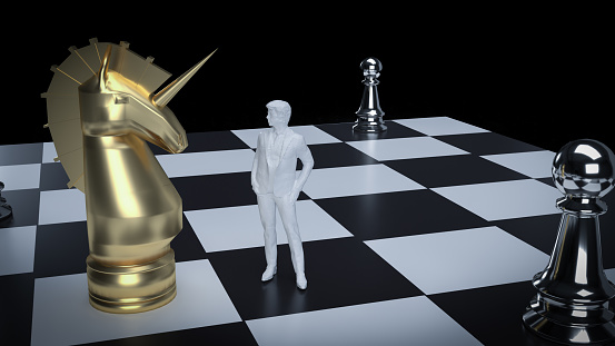 unicorn and man figure on chess board for business concept 3d rendering
