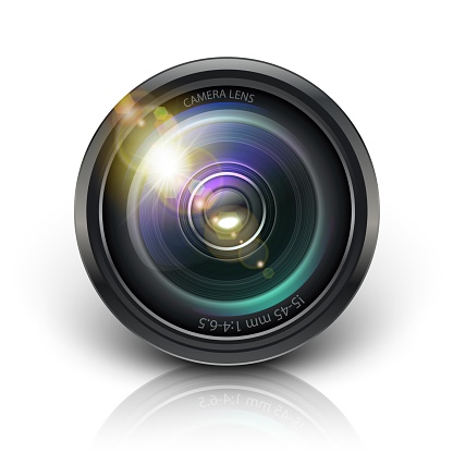 3d realistic vector camera lens icon. Isolated on white background.