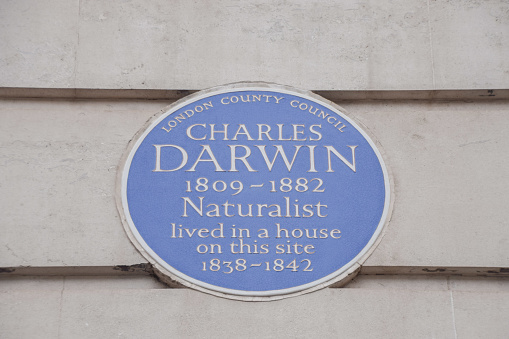 London, UK February 14 2022. Charles Darwin blue plaque outside University College London, Gower Street.