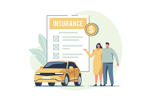 Car insurance, accident protection for vehicle, safety or assurance service concept. Car owner or insurance agent stand with new car under umbrella protection. Vector illustration for mobile and web graphics.