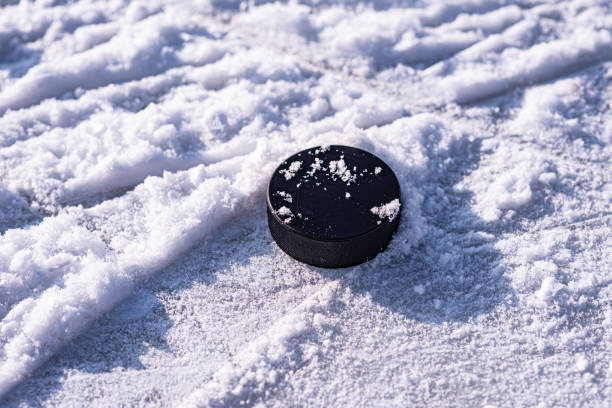 hockey puck lies on the snow close-up - ice hockey hockey puck playing shooting at goal imagens e fotografias de stock