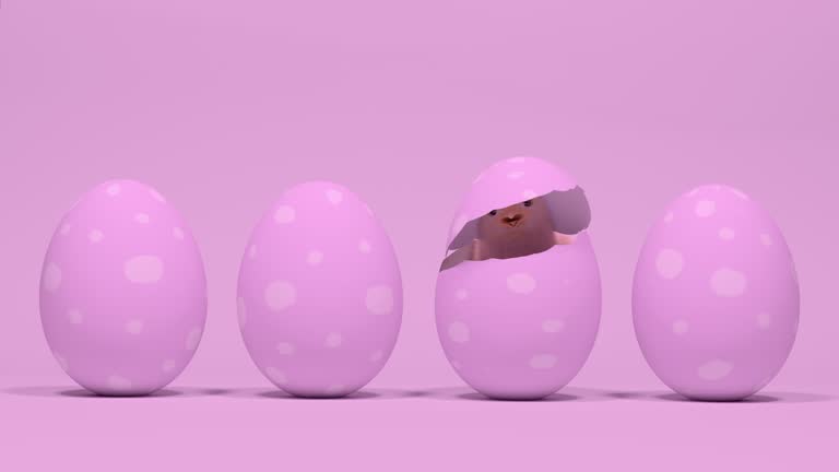 Pink Easter eggs on pink background with a chick emerging from one of them