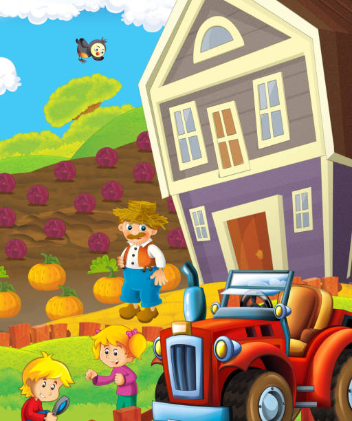 cartoon scene with life on the ranch with different farm animals illustration for children cartoon scene with life on the ranch with different farm animals illustration fairy tale village stock illustrations