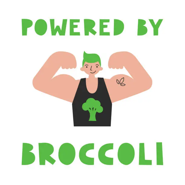 Vector illustration of Powered by broccoli. Strong man with muscles and vegetable symbol. Male with biceps after plant-based protein. Vegan and vegetable diet. Sustainable climate friendly cruelty free food.