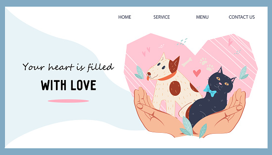 Banner with cute dogs and cats, flat cartoon vector illustration. Design for veterinary clinic or animal shelter, pet shop website interface.