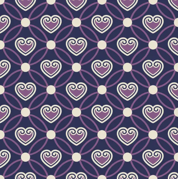 Vector illustration of Seamless chain and heart pattern on a navy blue background. Vector Illustration.