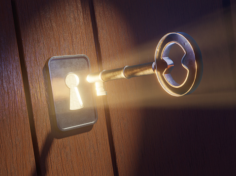 Key entering a luminous keyhole. Digital illustration, 3D rendering.
