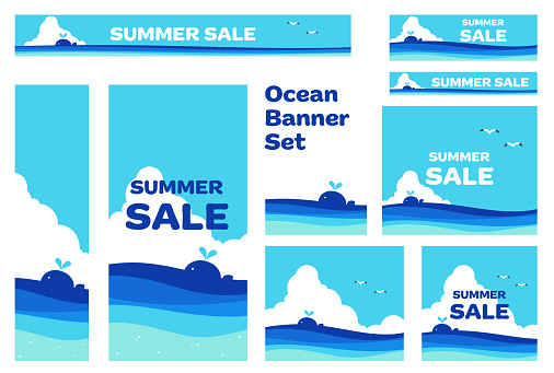 Cute banner set of sea and whale illustration