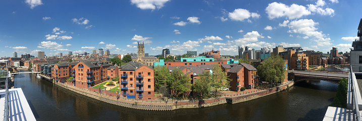 Panoramic shot of the Leeds skyline, showing apartments and bars along the River Aire in the city centre