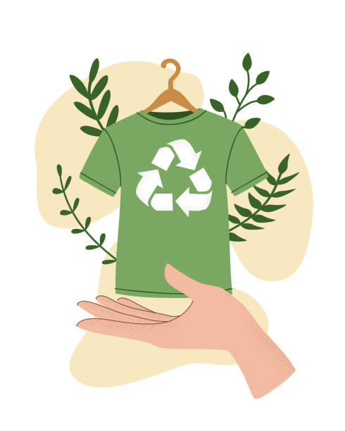 Vector illustration of  hand holding green recycling t-shirt, clothes hanger, recycle symbol isolated on white background - sustainable fashion concept, environment care, slow fashion. Vector illustration of  hand holding green recycling t-shirt, clothes hanger, recycle symbol isolated on white background - sustainable fashion concept, environment care, slow fashion. sustainable fashion stock illustrations