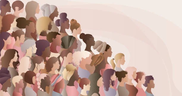 bildbanksillustrationer, clip art samt tecknat material och ikoner med multicultural women and girls. portrait front and profile view silhouette. women's day. female social community of diverse culture. equality. colleagues. empowerment or inclusion. banner - endast kvinnor