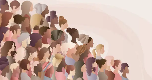 Vector illustration of Multicultural women and girls. Portrait front and profile view silhouette. Women's day. Female social community of diverse culture. Equality. Colleagues. Empowerment or inclusion. Banner