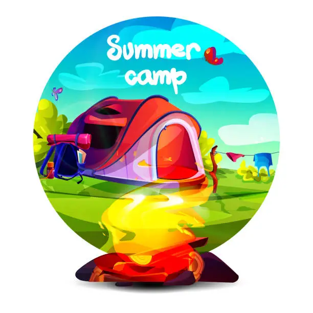 Vector illustration of Summer vacation and travel concept in cartoon style. A burning campfire against the backdrop of a tent with lush greenery on a sunny summer day.