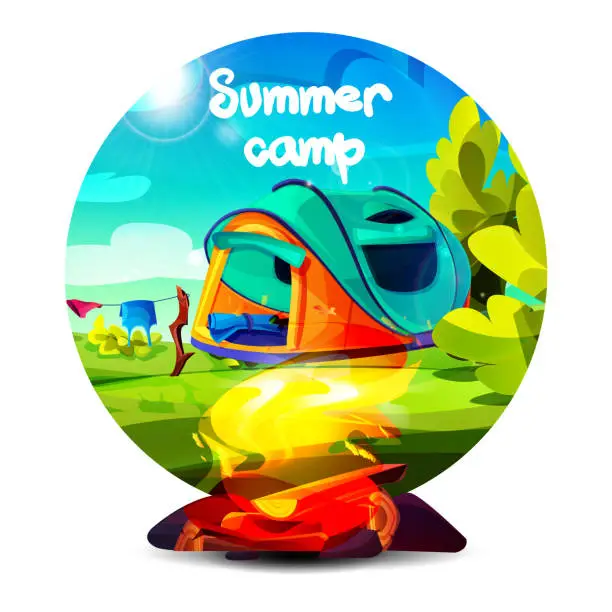 Vector illustration of Summer vacation and travel concept in cartoon style. A burning campfire against the backdrop of a tent with lush greenery on a sunny summer day.