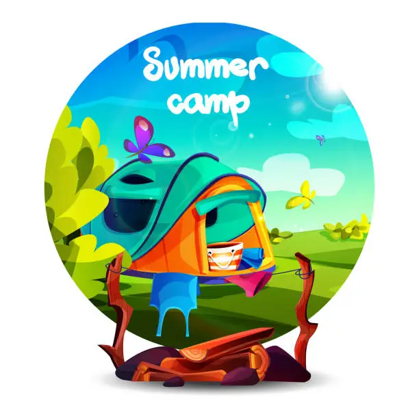 Vector illustration of Summer vacation and travel concept in cartoon style. Things with firewood against the background of a tent with lush greenery on a sunny summer day.