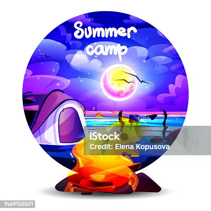 istock Summer vacation and travel concept in cartoon style. A burning bonfire against the backdrop of a tent on the banks of the river at night against the background of the full moon. 1469150501