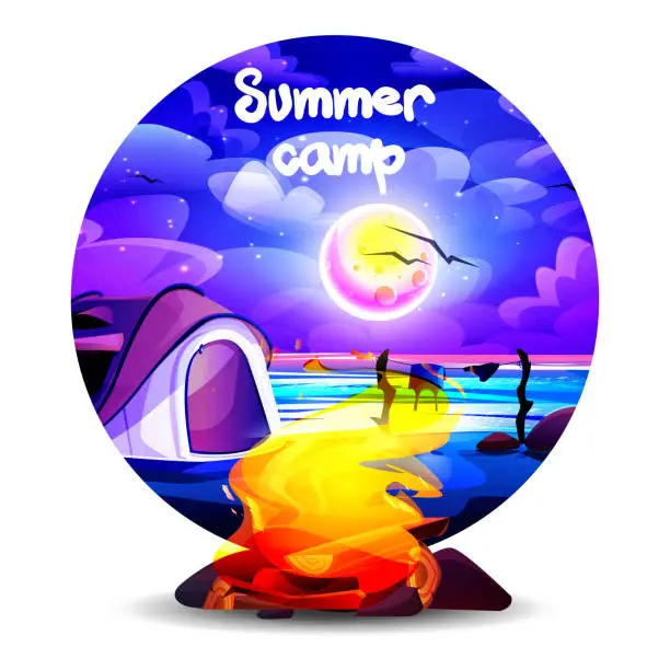 Vector illustration of Summer vacation and travel concept in cartoon style. A burning bonfire against the backdrop of a tent on the banks of the river at night against the background of the full moon.