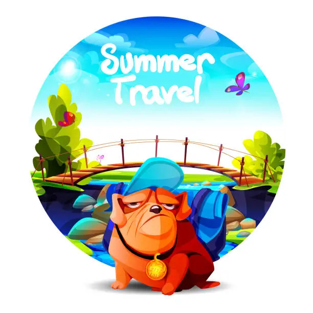 Vector illustration of Summer vacation and travel concept in cartoon style. Tourist bulldog in front of a waterfall with a bridge and lush greenery on a sunny summer day.